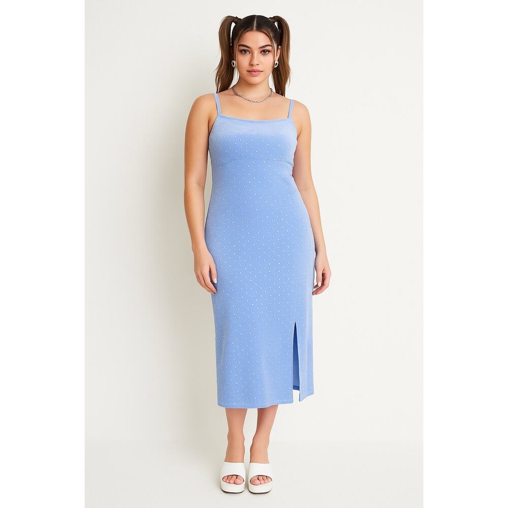 Love Fire M Blue Velvet Silver Stud Midi Slip Dress Y2K Party Clubwear